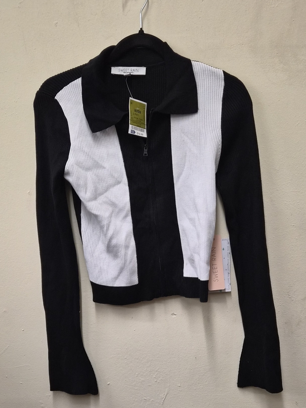 Sweet Rain Black & White Zip-Front Collared Knit Jacket Size M